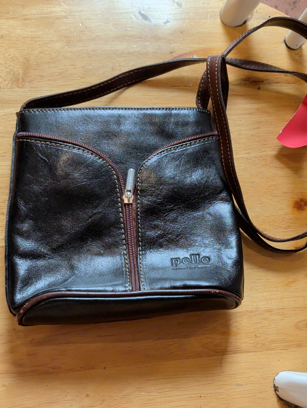 Pelle Black and Brown Leather Messenger Crossbody Bag
